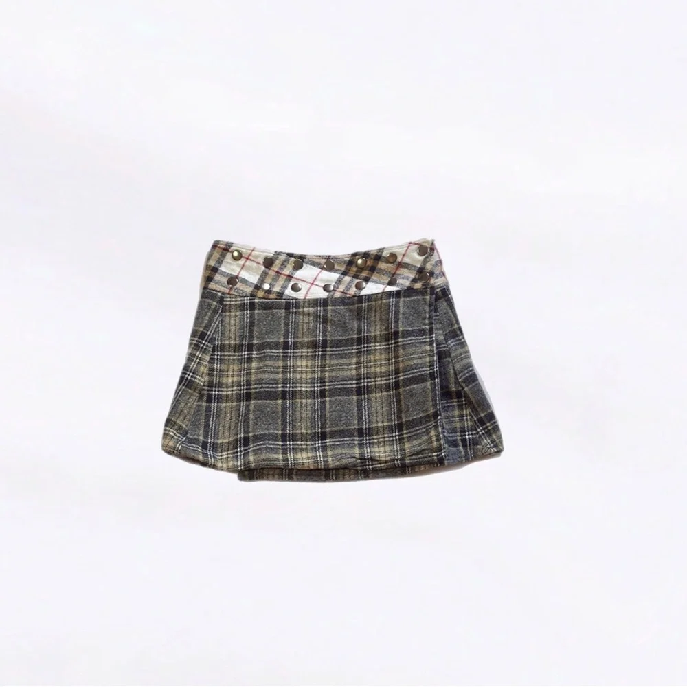 plaid studded wrap mini flannel skirt